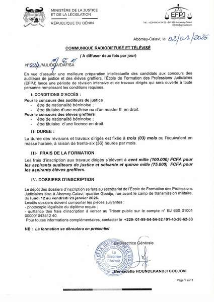 Lancement d'une période de révision intensive et de travaux dirigés en vue d'assurer une meilleure préparation intellectuelle des candidats aux concours des auditeurs de justice et des élèves greffiers